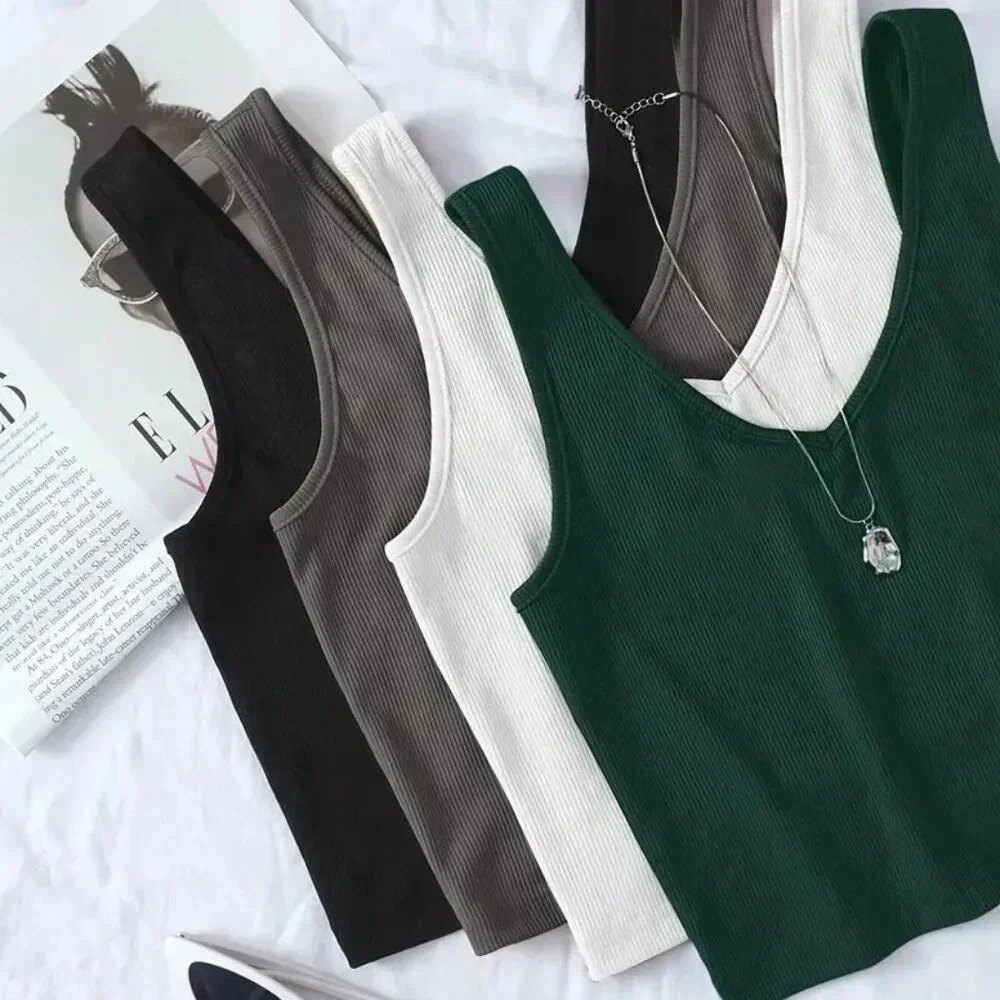 4pcs V-neck Ribbed Crop Tops (Color: Mixed Color) - Picture 4 of 5